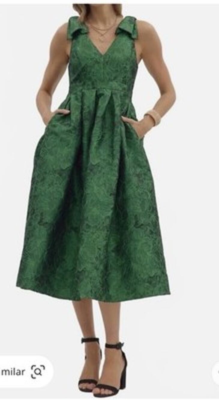NWT Entro Emerald Green Floral Jacquard Midi Dress Bow Strap Fit Flare sz small